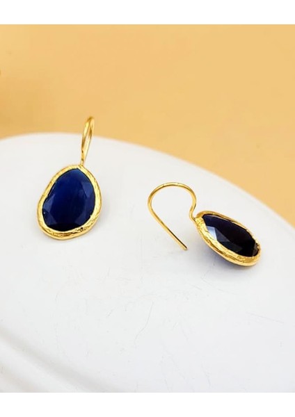Lacivert Kedi Gözü Sıvama Altın Kaplama Oval Küpe modelleri