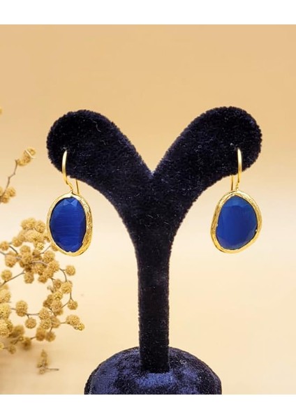 Lacivert Kedi Gözü Sıvama Altın Kaplama Oval Küpe fırsatları