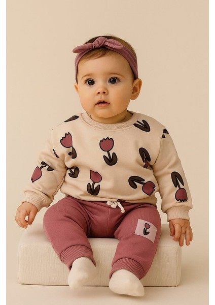 Kız Bebek Lale Baskılı Sweatshirt & Eşofman Alt Takım