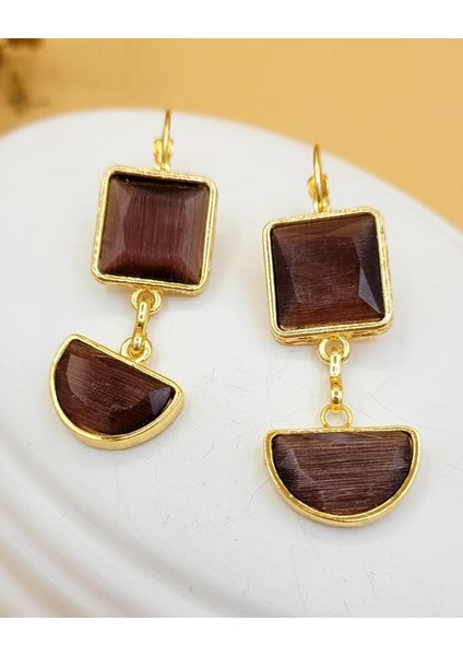 Mürdüm Kedi Gözü Sıvama Altın Kaplama Iki Geometrik Şekilli Küpe