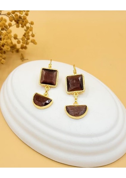 Mürdüm Kedi Gözü Sıvama Altın Kaplama Iki Geometrik Şekilli Küpe fiyatları