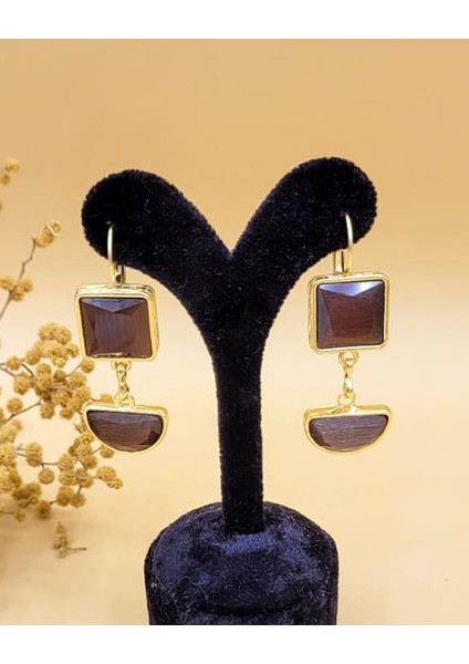 Mürdüm Kedi Gözü Sıvama Altın Kaplama Iki Geometrik Şekilli Küpe fırsatları