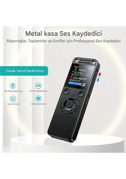 Yeni Model Metal Kasalı HS32 Profesyonel Ses Kayıt Cihazı Uzun Kayıt Süresi Büyük LED Ekranlı Okul Ders Not,toplantı, Röportaj