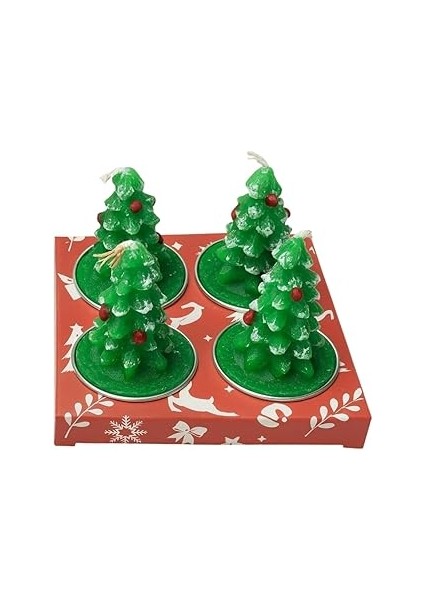 4’lü Noel Ağacı Şekilli Dekoratif Mum Seti – Yılbaşı Temalı El Yapımı Koku Yaymayan Masa Süsü Mumla