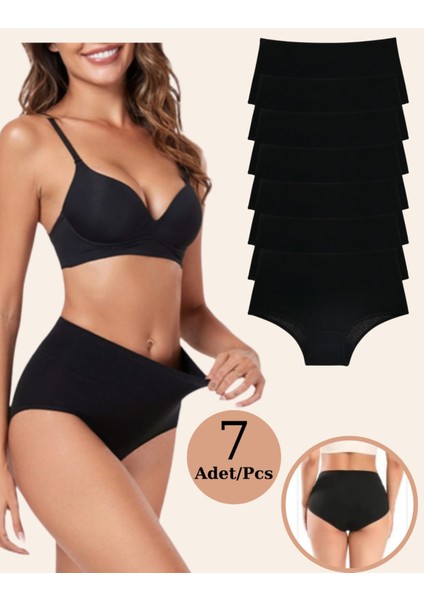 Kadın Külot Yüksek Bel Likrali Siyah 7'li Pamuklu Rahat