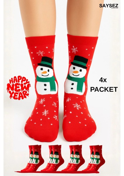 Unisex Yılbaşı Desenli 4'lü Paket Renkli Soket Çorap Christmas Happy New Year