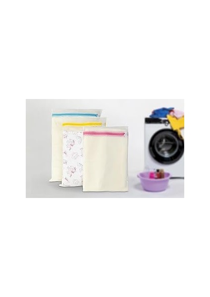 3'lü Çamaşır Yıkama Filesi Seti Renkli Fermuarlı File (3)