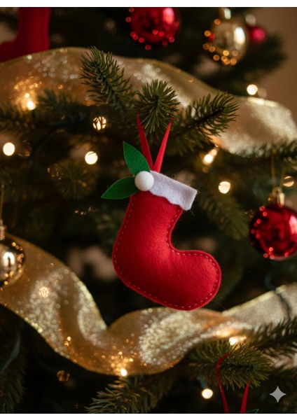 Kırmızı Yılbaşı Ağaç Süsleri Keçe Çorap Dolgulu, 6'lı Sevimli ve Şirin Süsleme Seti