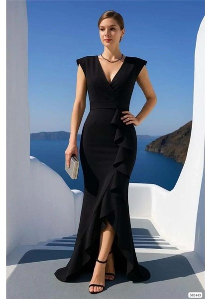 Kadın Dalgıç Kumaş V Yaka Fırfır Detaylı Maxi Boy Elbise