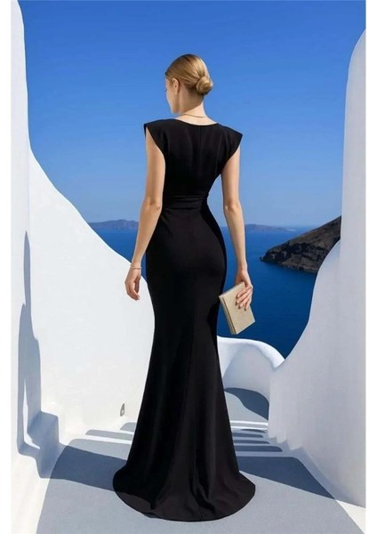 Kadın Dalgıç Kumaş V Yaka Fırfır Detaylı Maxi Boy Elbise fiyatları