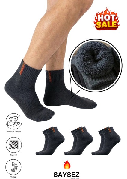 3 Çift Termal Erkek Kışlık Patik Yarım Konç Havlu Kalın Çorap Dikişsiz Antrasit Renk Premium Pamuk