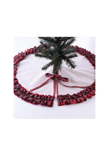 Bimotif Fırfırlı Yılbaşı Çam Ağacı Örtüsü, Pamuklu Ekose ve Naturel 60 cm Karışık