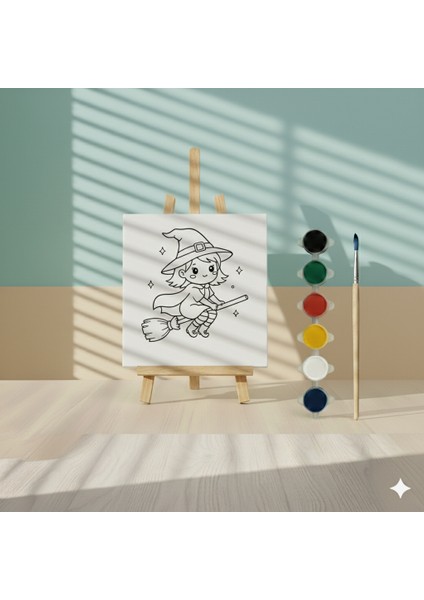 Çocuklar Için Süpürgeli Şapkalı Sevimli Uçan Cadı Temalı Boyama Seti