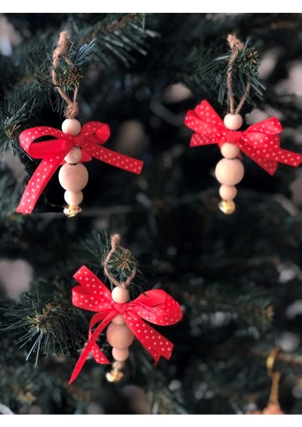El Yapımı Kırmızı Kurdaleli Yılbaşı Süsleri, 6 Adet, Özel Tasarım ve Şık Görünüm