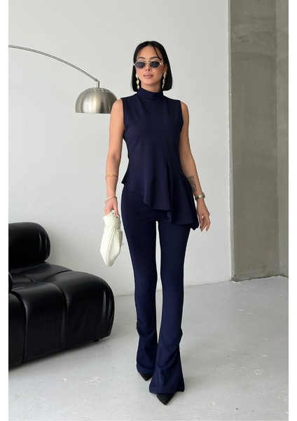 Kadın Alt Üst Takım Sıfır Kollu Balıkçı Yaka Fırfırlı Asimetrik Bluz Ispanyol Paça Büzgülü Pantolon Ikili Takım modelleri