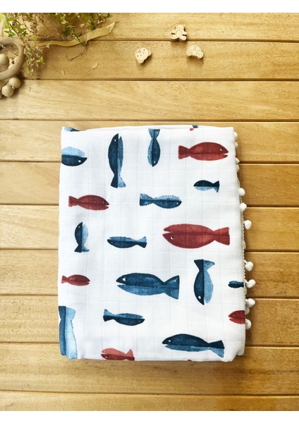 Ön Tarafı Müslin Arka Tarafı Vafıl Kumaş Kenarları Ponponlu Balık Desenli Çift Katlı Battaniye fiyatları