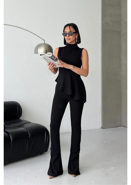 Kadın Alt Üst Takım Sıfır Kollu Balıkçı Yaka Fırfırlı Asimetrik Bluz Ispanyol Paça Büzgülü Pantolon Ikili Takım fiyatları