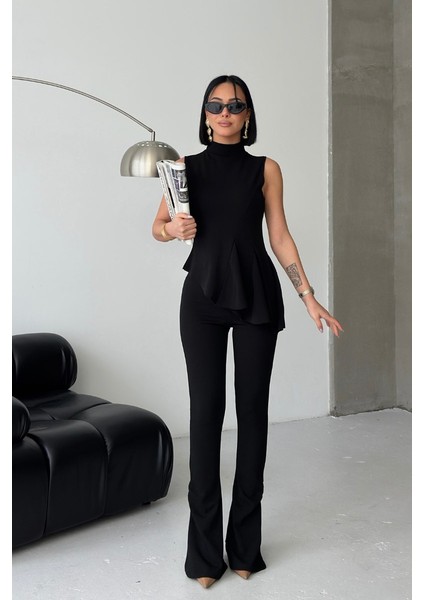 Kadın Alt Üst Takım Sıfır Kollu Balıkçı Yaka Fırfırlı Asimetrik Bluz Ispanyol Paça Büzgülü Pantolon Ikili Takım modelleri