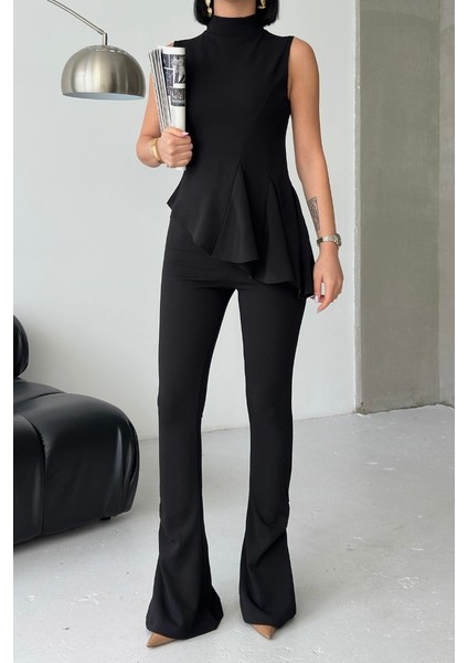 Kadın Alt Üst Takım Sıfır Kollu Balıkçı Yaka Fırfırlı Asimetrik Bluz Ispanyol Paça Büzgülü Pantolon Ikili Takım indirimleri