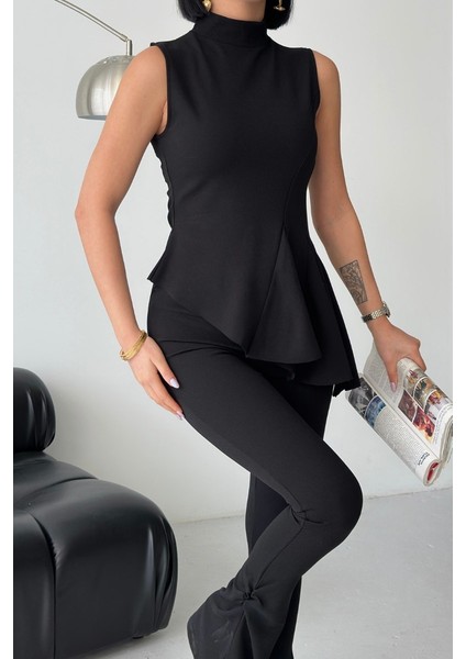 Kadın Alt Üst Takım Sıfır Kollu Balıkçı Yaka Fırfırlı Asimetrik Bluz Ispanyol Paça Büzgülü Pantolon Ikili Takım