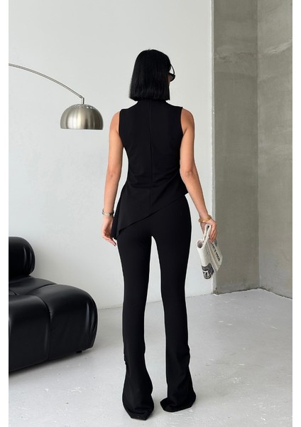 Kadın Alt Üst Takım Sıfır Kollu Balıkçı Yaka Fırfırlı Asimetrik Bluz Ispanyol Paça Büzgülü Pantolon Ikili Takım