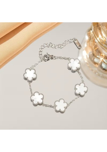 Çelik Bileklik Dört Yapraklı Büyük Yonca Beyaz Sedef Taşlı Uzunluk 18 cm Gümüş