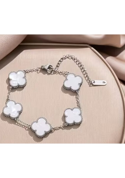 Çelik Bileklik Dört Yapraklı Büyük Yonca Beyaz Sedef Taşlı Uzunluk 18 cm Gümüş fiyatları