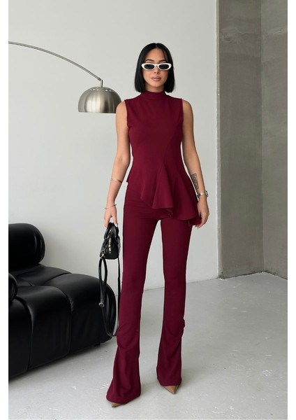 Kadın Alt Üst Takım Sıfır Kollu Balıkçı Yaka Fırfırlı Asimetrik Bluz Ispanyol Paça Büzgülü Pantolon Ikili Takım fiyatları