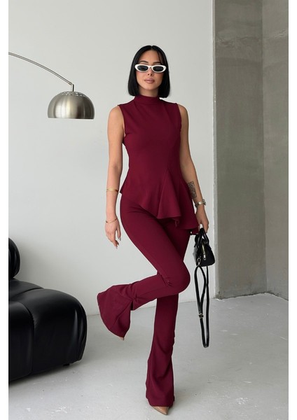 Kadın Alt Üst Takım Sıfır Kollu Balıkçı Yaka Fırfırlı Asimetrik Bluz Ispanyol Paça Büzgülü Pantolon Ikili Takım modelleri