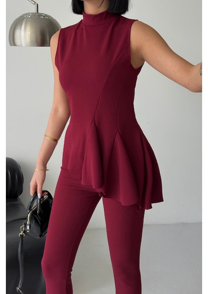 Kadın Alt Üst Takım Sıfır Kollu Balıkçı Yaka Fırfırlı Asimetrik Bluz Ispanyol Paça Büzgülü Pantolon Ikili Takım fırsatları