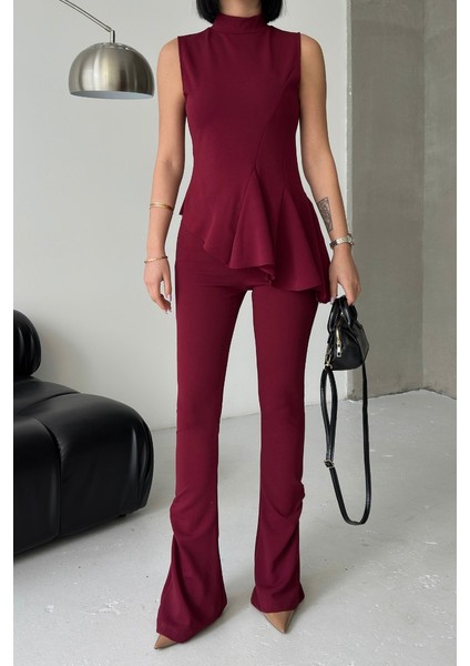 Kadın Alt Üst Takım Sıfır Kollu Balıkçı Yaka Fırfırlı Asimetrik Bluz Ispanyol Paça Büzgülü Pantolon Ikili Takım indirimleri