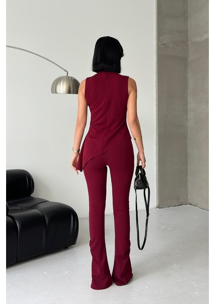 Kadın Alt Üst Takım Sıfır Kollu Balıkçı Yaka Fırfırlı Asimetrik Bluz Ispanyol Paça Büzgülü Pantolon Ikili Takım