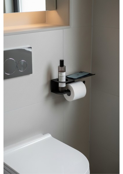 Siyah Metal Raflı Tuvalet Kağıtlığı Telefon Koyma Alanlı Çok Amaçlı Banyo Wc Aksesuarı