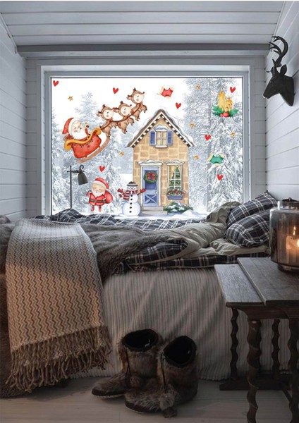 Çocuk Odası Noel Baba Süsleme Çocuk Odası Cam Stickerı, Renkli ve Eğlenceli