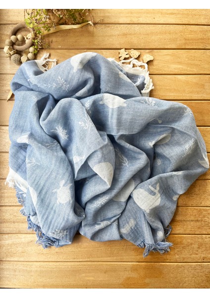 105X120 Büyük Boy Deniz Altı Hayvanları %100 Pamuk Çift Katlı Jakarlı Müslin – Mavi