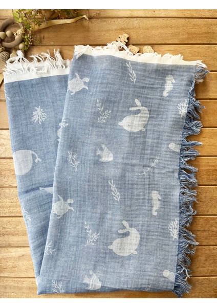105X120 Büyük Boy Deniz Altı Hayvanları %100 Pamuk Çift Katlı Jakarlı Müslin – Mavi modelleri