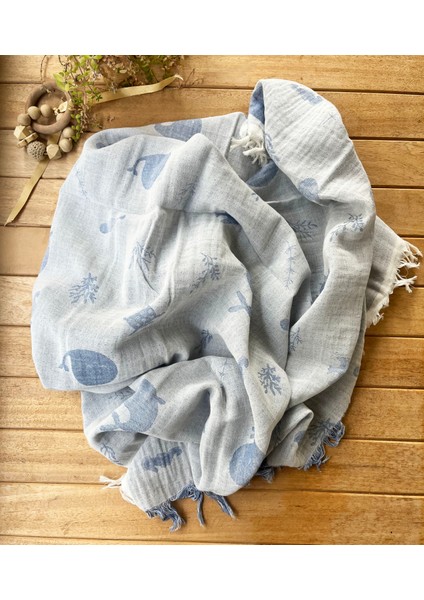 105X120 Büyük Boy Deniz Altı Hayvanları %100 Pamuk Çift Katlı Jakarlı Müslin – Mavi