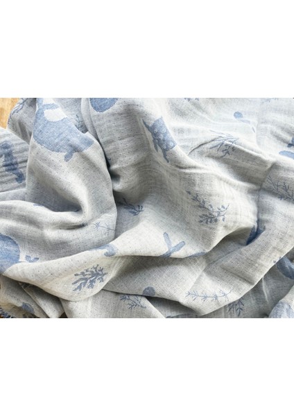 105X120 Büyük Boy Deniz Altı Hayvanları %100 Pamuk Çift Katlı Jakarlı Müslin – Mavi