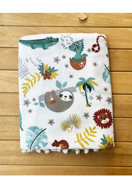 Ön Tarafı Müslin Arka Tarafı Vafıl Kumaş Kenarları Ponponlu Orman Desenli Çift Katlı Battaniye fiyatları