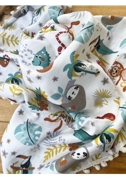 Ön Tarafı Müslin Arka Tarafı Vafıl Kumaş Kenarları Ponponlu Orman Desenli Çift Katlı Battaniye indirimleri