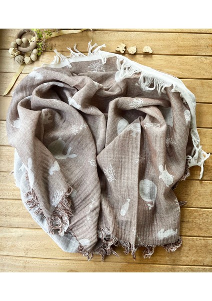 105X120 Büyük Boy Deniz Altı Hayvanları %100 Pamuk Çift Katlı Jakarlı Müslin – Kahve