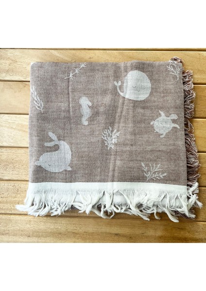 105X120 Büyük Boy Deniz Altı Hayvanları %100 Pamuk Çift Katlı Jakarlı Müslin – Kahve indirimleri