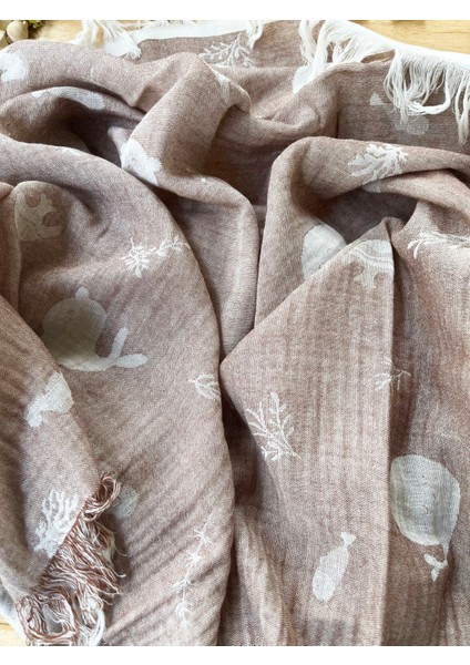 105X120 Büyük Boy Deniz Altı Hayvanları %100 Pamuk Çift Katlı Jakarlı Müslin – Kahve