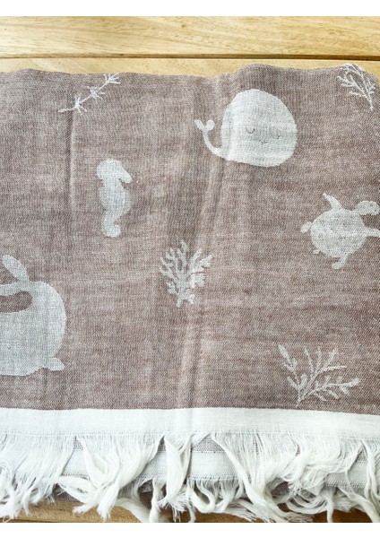 105X120 Büyük Boy Deniz Altı Hayvanları %100 Pamuk Çift Katlı Jakarlı Müslin – Kahve