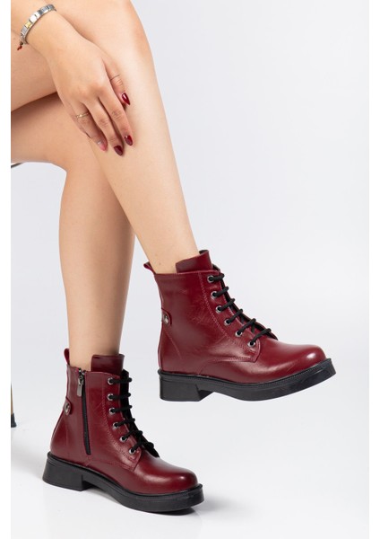 Bordo Kırışık Rugan Bağcıklı Fermuarlı Günlük Kadın Bot