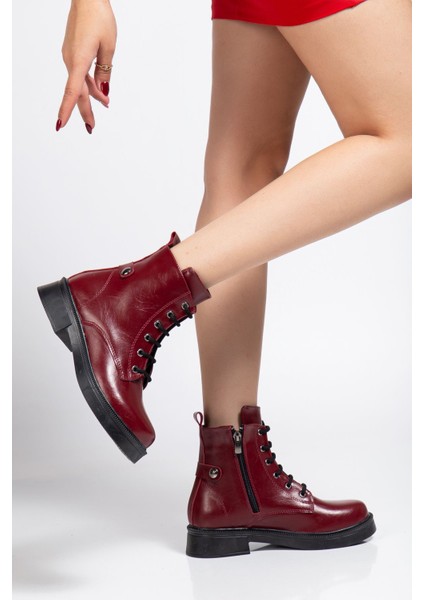 Bordo Kırışık Rugan Bağcıklı Fermuarlı Günlük Kadın Bot fiyatları