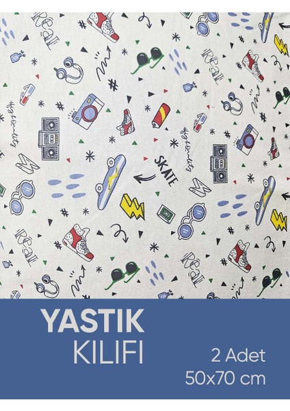 Mavi Desenli Pamuk Kumaşlı Penye Fermuarlı 2 Adet Yastık Kılıfı