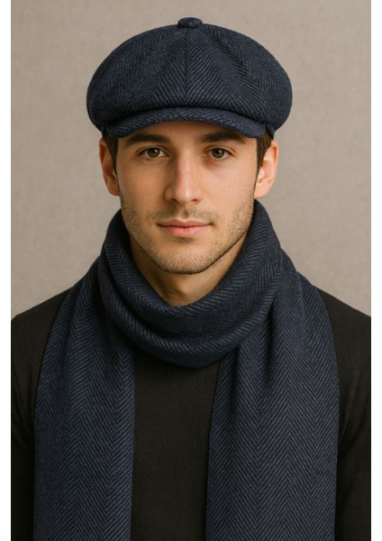 Erkek Kışlık Balıksırtı Desenli Kasket & Atkı Takımı – 198X30 cm Atkı – Şık Kış Kombini