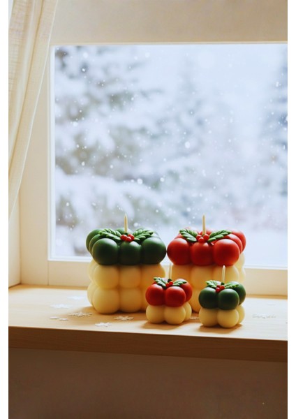 El Yapımı Kokinalı 4’lü Yılbaşı Mum Seti – Okyanus Kokulu, Büyük & Küçük Buble Mumlar