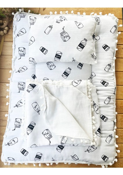 Milk Desenli Çift Katlı Müslin ve Waffle Kumaş Alt Açma , Yastık ve Battaniye 3’lü Set 40×70 Tek Ebat